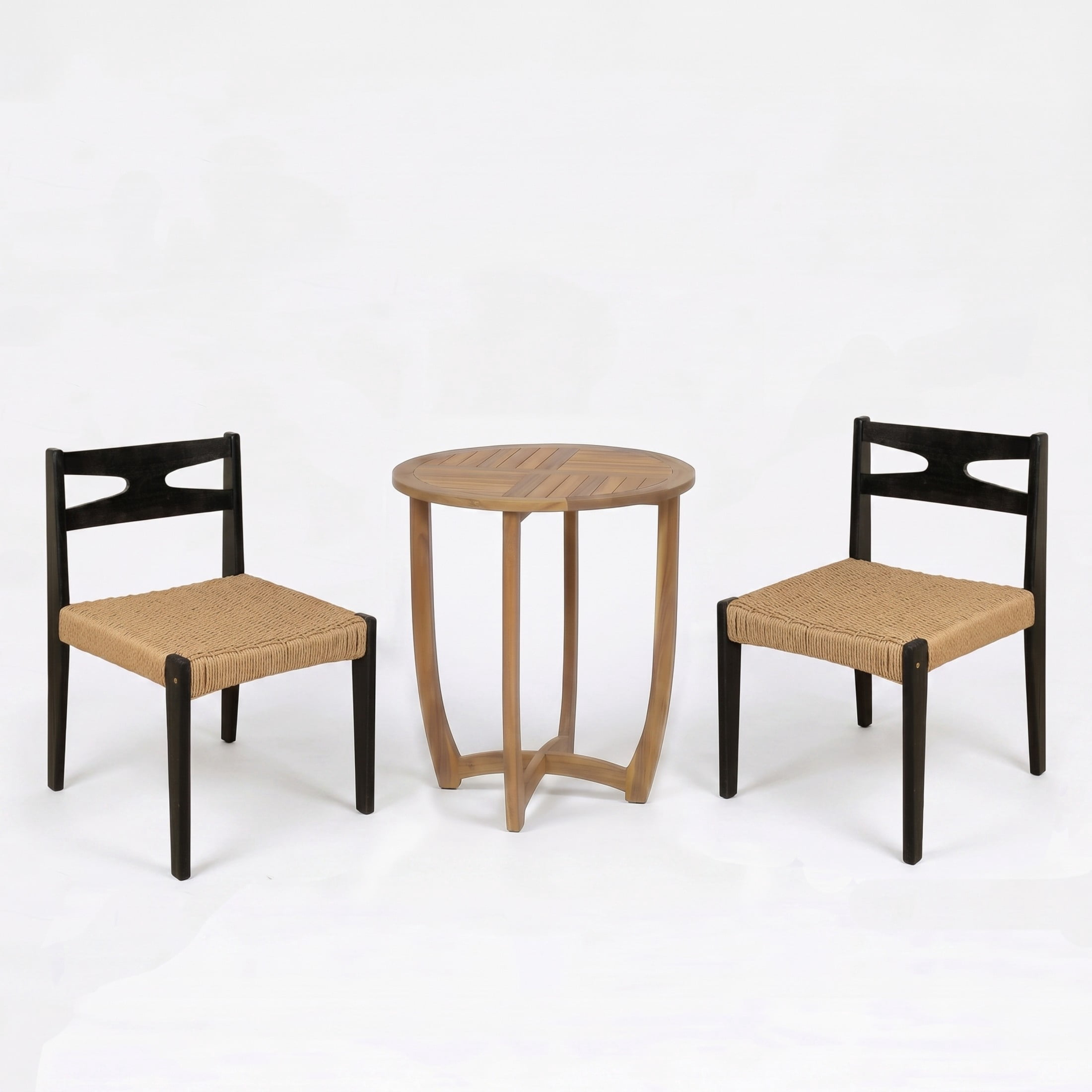 Christopher Knight Home 3-Piece Wooden Bistro Dining Set, Woven Chairs with Round Table, Teak+Black