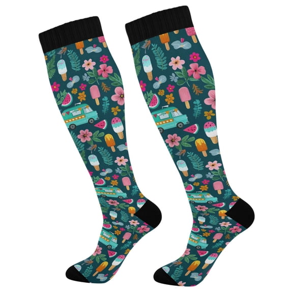 FORMRS Womens Knee High Socks Casual Long Thick Travel Daily Wear, 1 Pair, Green Vibrant Truck Pattern