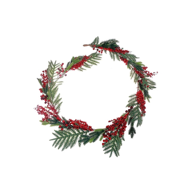 Circular garland featuring green fir branches with red berry clusters and pine cones for festive decoration.