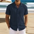 thumbnail image 2 of Domzest Men's Button Down Shirts Short Sleeve Casual Textured Cuban Collar Shirt with Chest Pocket Navy 2XL, 2 of 4