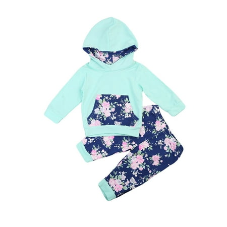 

Newborn Baby Girl 2PCS Outfit Set Long Sleeve Flower Hoodie Top Long Printed Pants Set Tracksuit
