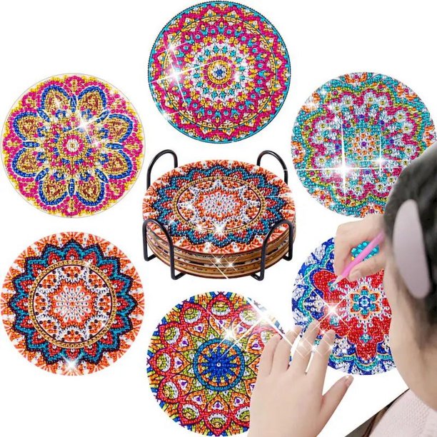 Kit de bordado de diamantes para Decoración de cocina, Set de pintura de diamantes de 6 piezas, bricolaje, Mandala, flores, posavasos, taza de bebida, cojín