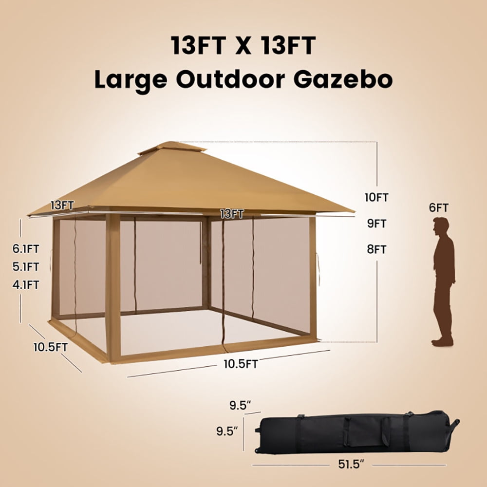 Aimee Lii 13 x 13 Feet Pop-up Instant Canopy Tent with Mesh Sidewall, Backyard Canopy Gazebo for Party Camping BBQ Events, Coffee
