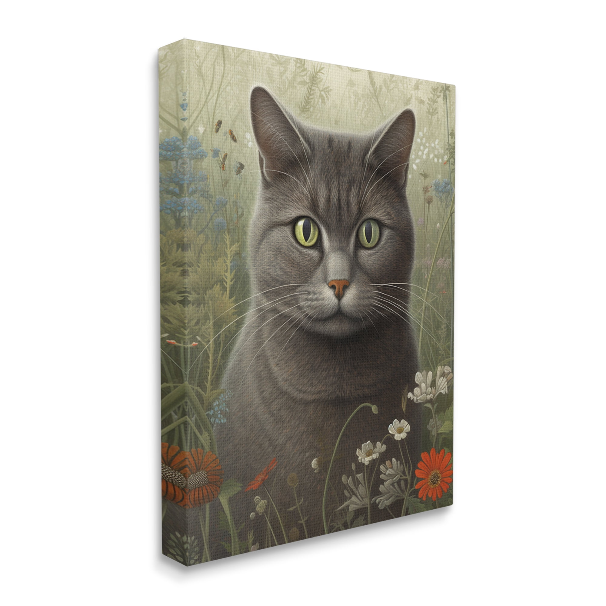 Stupell Industries Grey Cat in Flower Field Animals & Insects Painting Gallery Wrapped Canvas Print Wall Art, 16 x 20