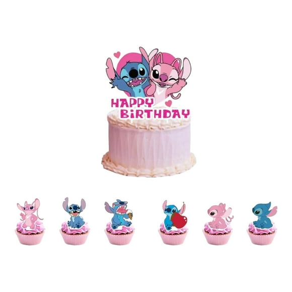 StitchFest Cake & Cupcake Decor Set - 25 Stitch Themed Toppers for Birthday Parties, Large Cake Topper & 24 Cupcake Decorations.