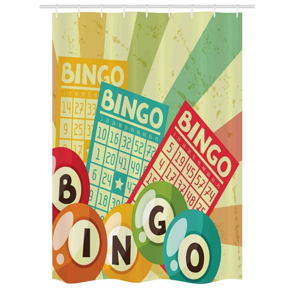 Vintage Stall Shower Curtain, Bingo Game with Ball and Cards Pop Art Stylized Lottery Hobby Celebration Theme, Fabric Bathroom Set with Hooks, 54W X 78L Inches, Multicolor, by Ambesonne