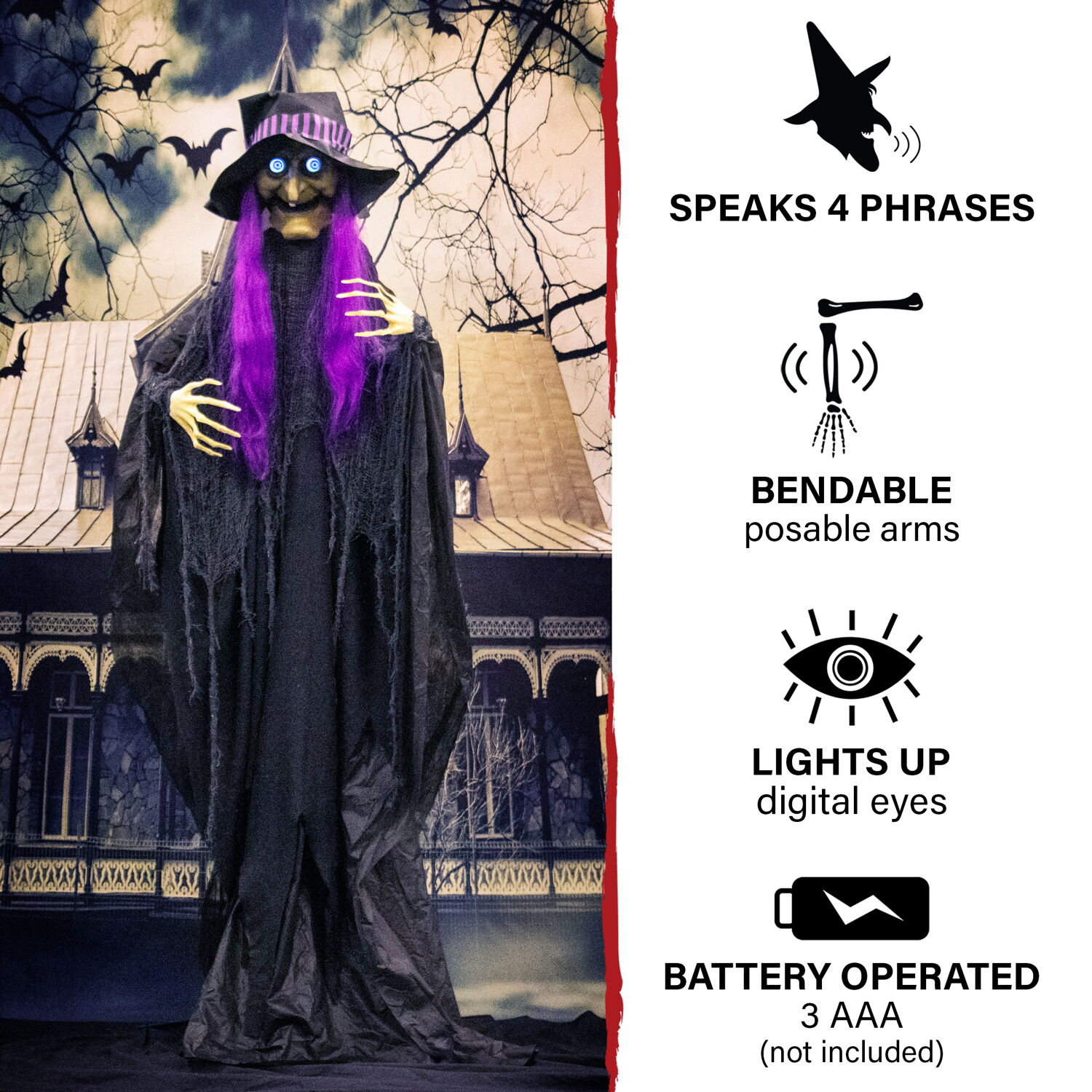 Haunted Hill Farm 6-Ft. Life-Size Witch Prop with Lights and Sound, Indoor/Covered Outdoor Halloween Decoration, HHWITCH-36FLSA