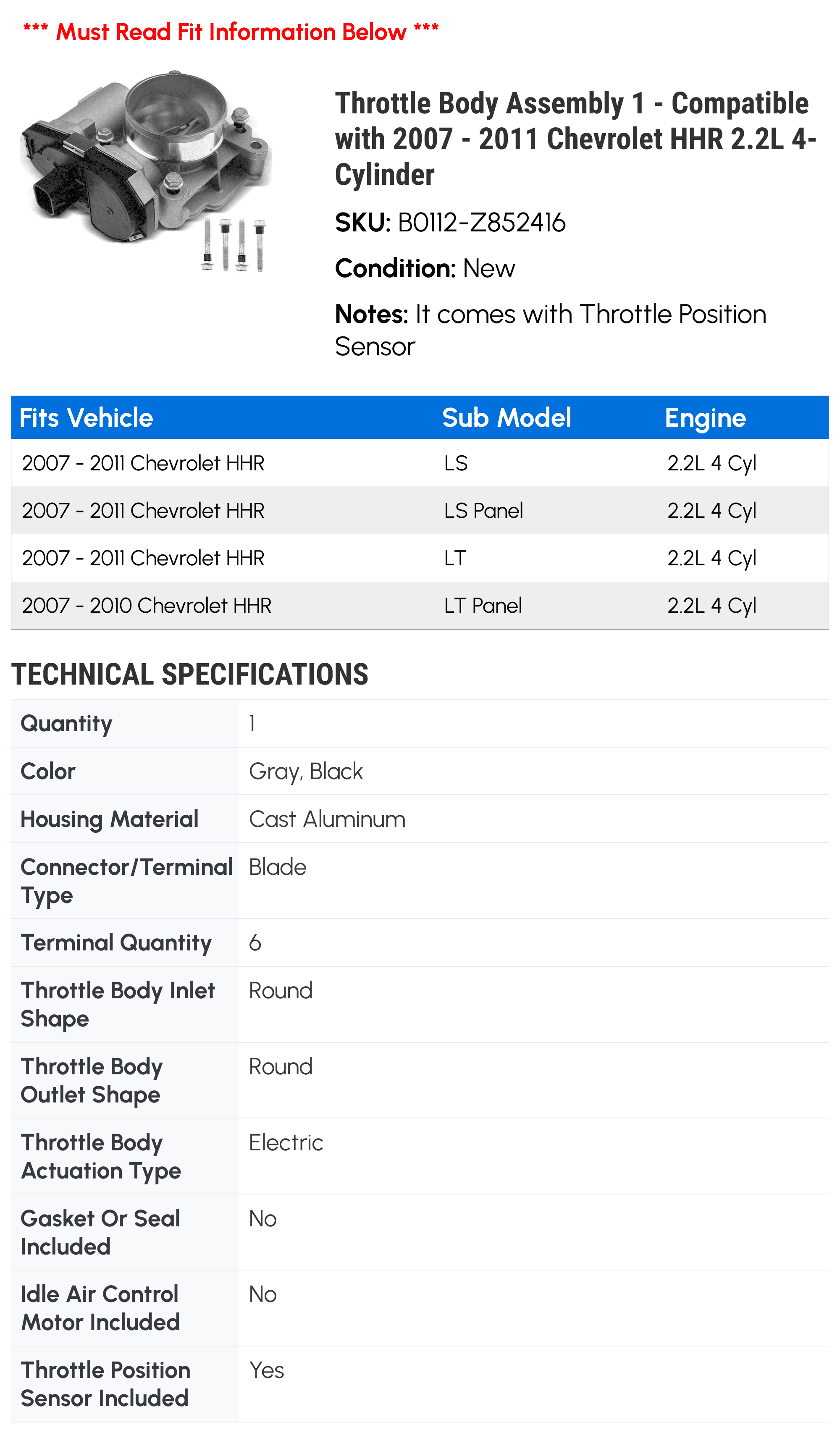 Throttle Body Assembly 1 - Compatible with 2007 - 2011 Chevrolet HHR 2.2L 4-Cylinder - Autopart Premium