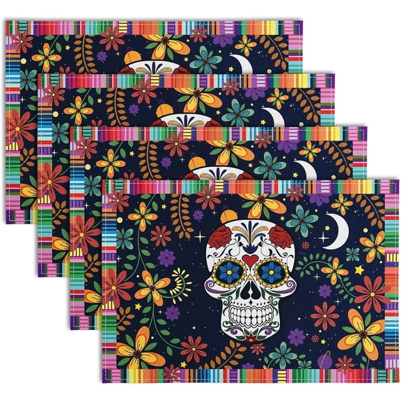 Day of The Dead Skull Placemats Mexican Style Table Mats Colorful Flower Skull Table Placemat Heat-Resistant Dinner Mats for Dia De Los Muertos Halloween Home Kitchen Supplies, 4Pcs