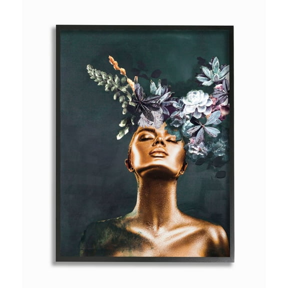 Stupell Industries Glamour Bronze Female Portrait Succulent Plants Framed Wall Art Design by Design Fabrikken, 24" x 30", Black Framed
