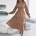 thumbnail image 5 of DeHolifer Women Dresses Solid Color Long Sleeve Crewneck Maxi Dress A-Line Swing Flowy Long Dress Khaki M, 5 of 7