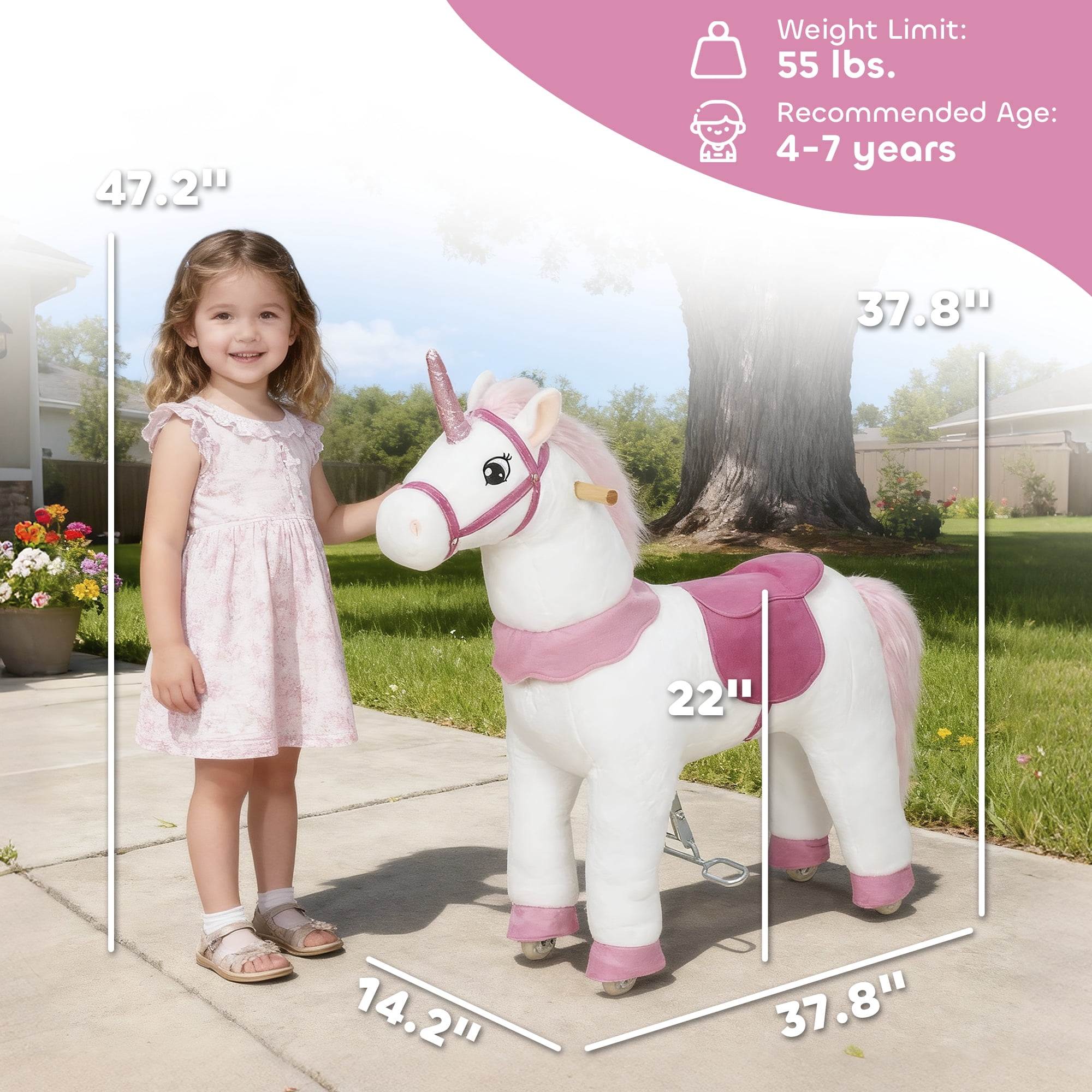 Qaba Ride on Unicorn Toy for Kids 4-7 Years, 37.8 Inch Plush Baby Rocking Horse, Mechanical Walking Animal with Wheels, No Batteries Required, White