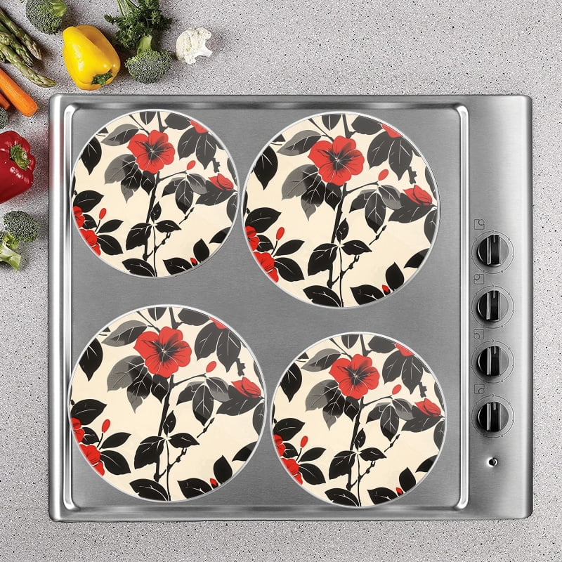 BaHomeck Electric Stove Burner Covers Set of 4,Round Metal Gas Stove Burner Covers 8 Inch and 10 Inch,Kitchen Decor,Red And Black Floral Design OnCream Background