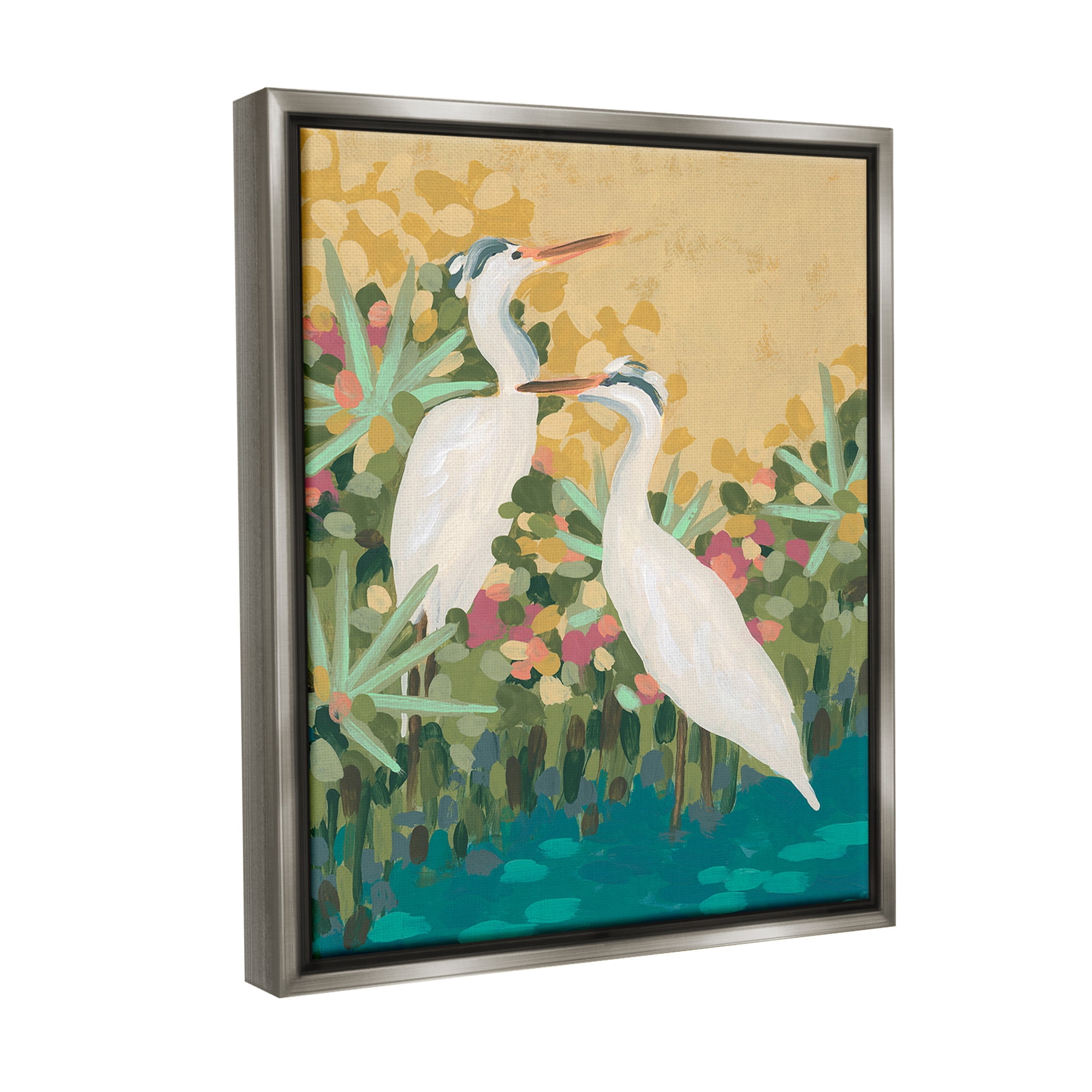 Stupell Industries Modern Birds at Pond's Edge Animals & Insects Painting Gray Floater Framed Canvas Art Print Wall Art, 25 x 31