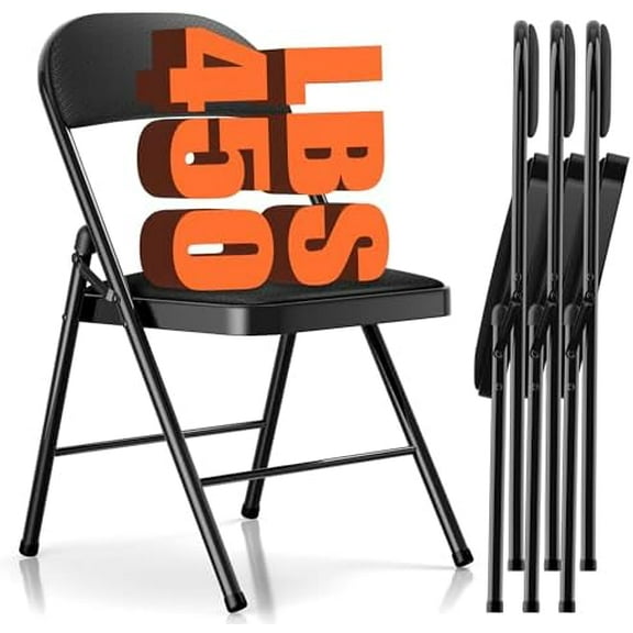 4 Pack Folding Chairs with Padded Cushion and Back, Heavy Duty Metal Foldable Chairs, 450lb Capacity Comfortable Seats for Indoor/Outdoor Parties, Compact Apartments Events (Black, 4Pack)