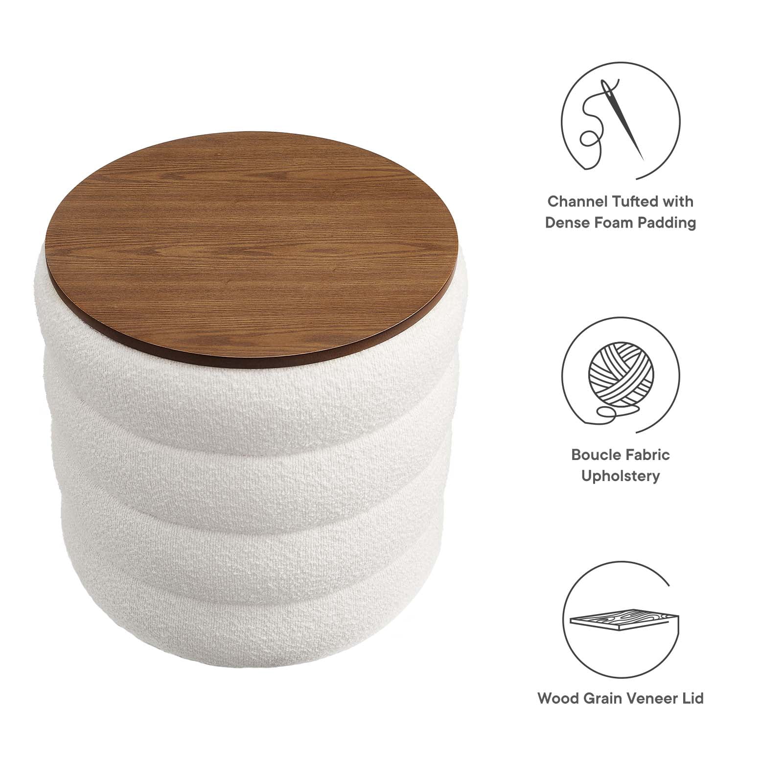 Mezzo Round Boucle Fabric Storage Ottoman in Cloud