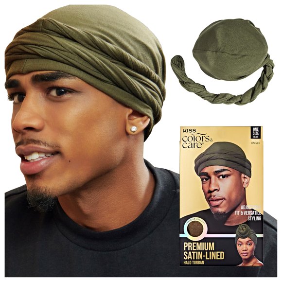 KISS COLORS & CARE Turbante Halo con forro de satén premium, unisex, preatado, para trenzas y ondas, accesorio protector para todo tipo de cabello, 1 unidad, color oliva
