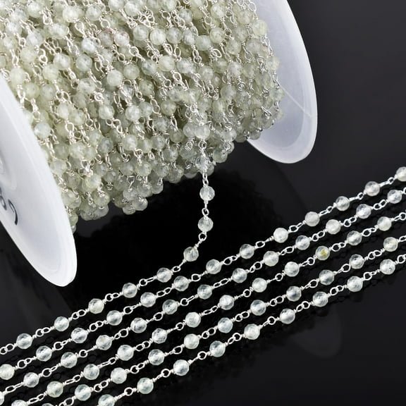 QNAVIC Natural Prehnite Gemstone Handmade Beaded Stone Rosary Chains with 3mm Beads Jewelry Making DIY Accessories 925 Sterling Silver Rosary Chain Hand Craft (1 feet)