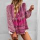 thumbnail image 4 of Mujeres floral impresión V Masajeadores de cuello camisa cordón manga larga Blusas Loose fit primavera y otoño estaciones superior para vacaciones ocio rosa L, 4 of 7
