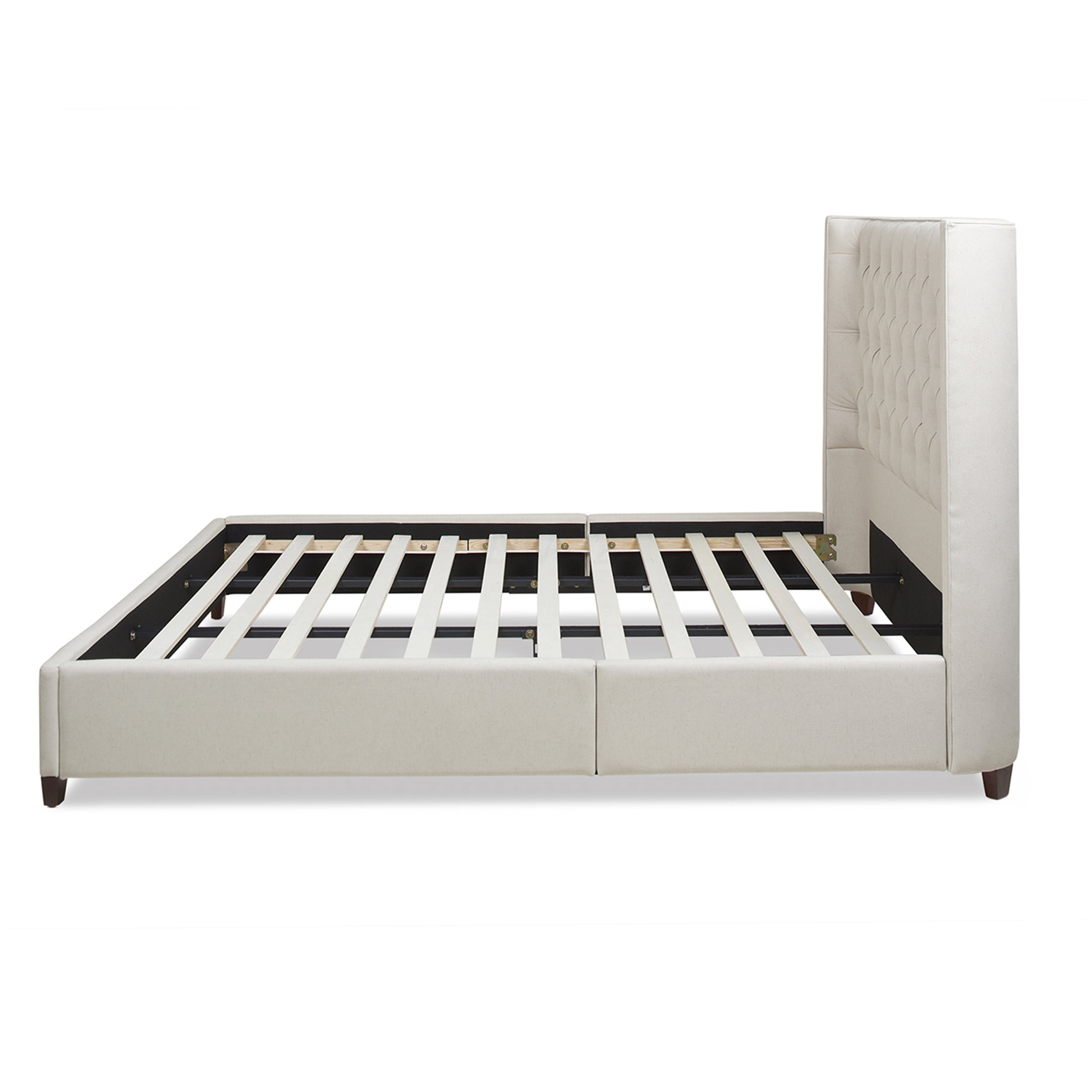 Manhattan King Size Upholstered Bed Frame with Wingback Headboard, Light Beige Fabric, No Box Spring Required Platform Bed