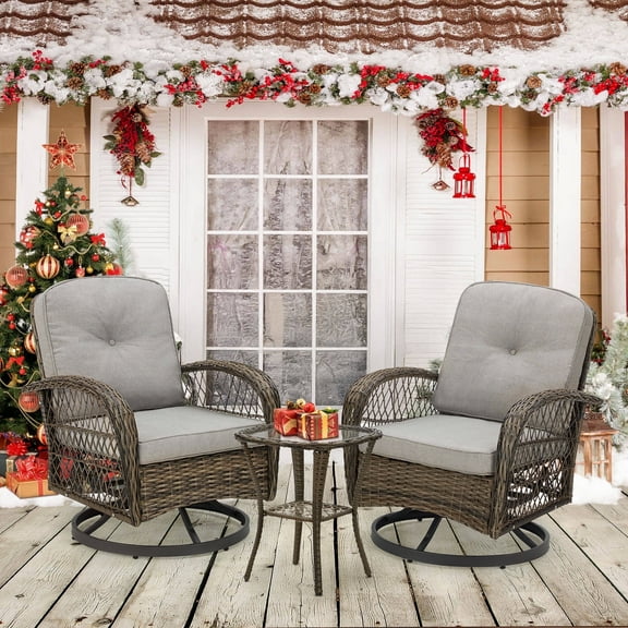 MELLCOM 3 Pieces Patio Furniture Set, Outdoor Swivel Rocker Patio Chairs, Wicker Patio Bistro Set with Rocking Chair, Thickened Cushions and Glass Coffee Table for Backyard, Garden, Grey