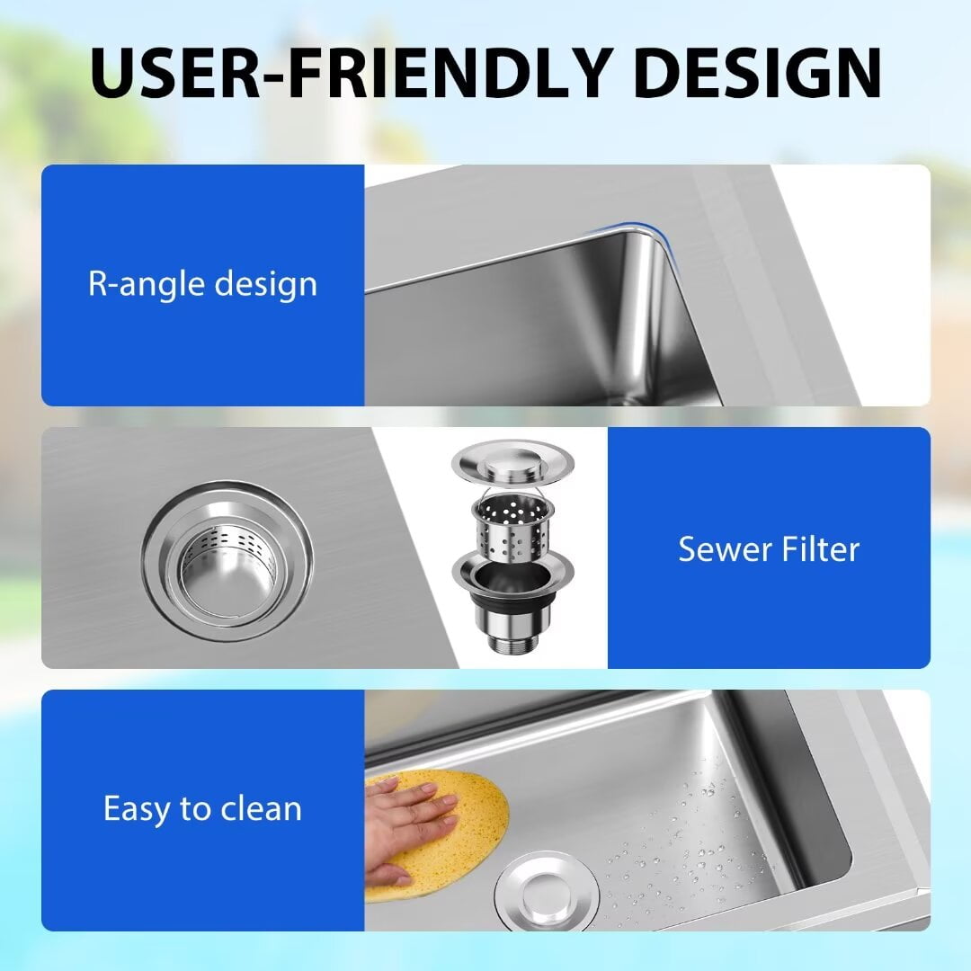 Kitchen Sink Utility Sink Commercial Stainless Steel Freestanding Sink w/Faucet, Hot & Cold Hoses, Single Bowl, NSF Certificated, for Restaurant, Laundry, Garage, Workshop Sink