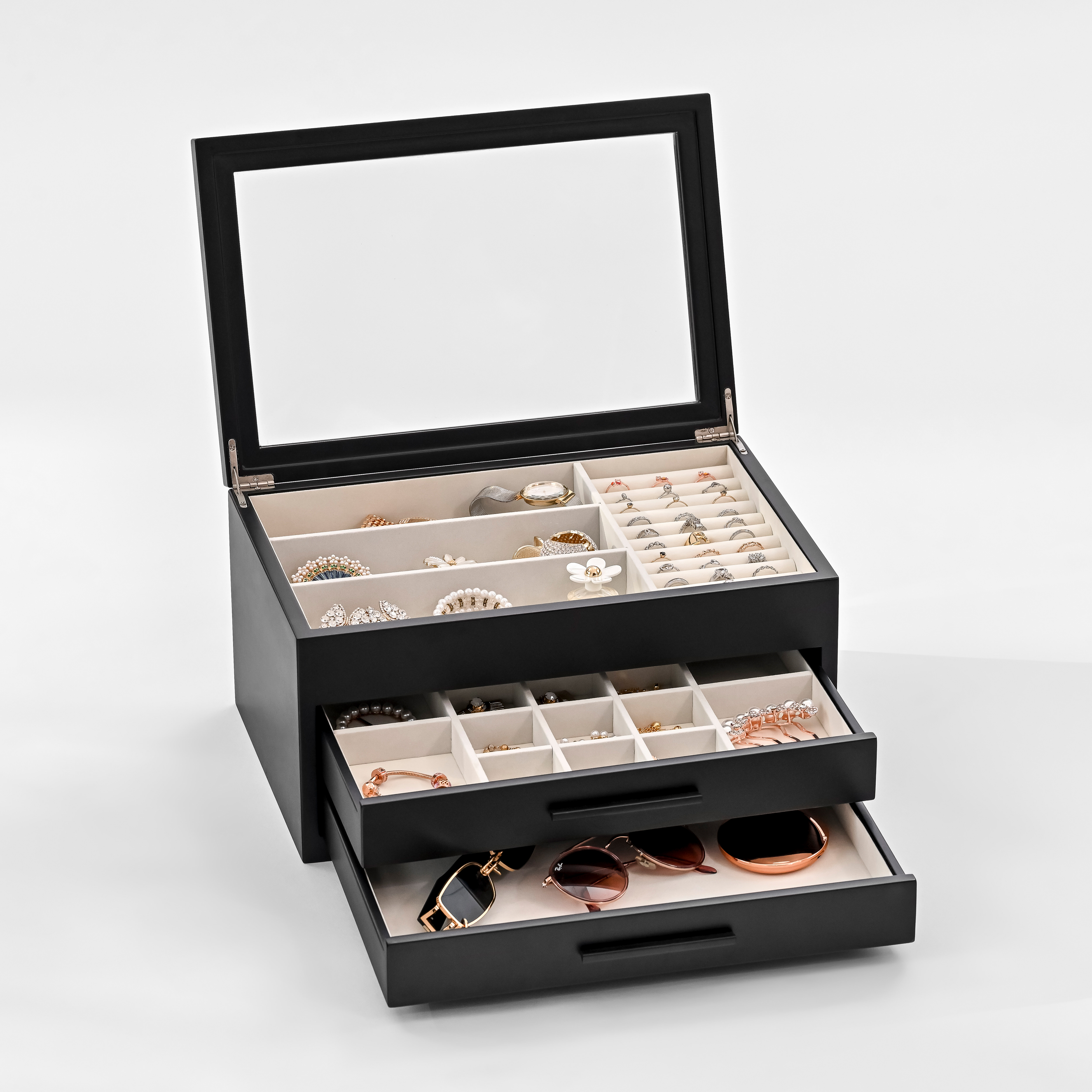 Modern Elegant Jewelry Box with 2 Drawers, Large Storage Compartments, Transparent Glass Lid, and Soft Linen for Rings, Necklaces and Earrings