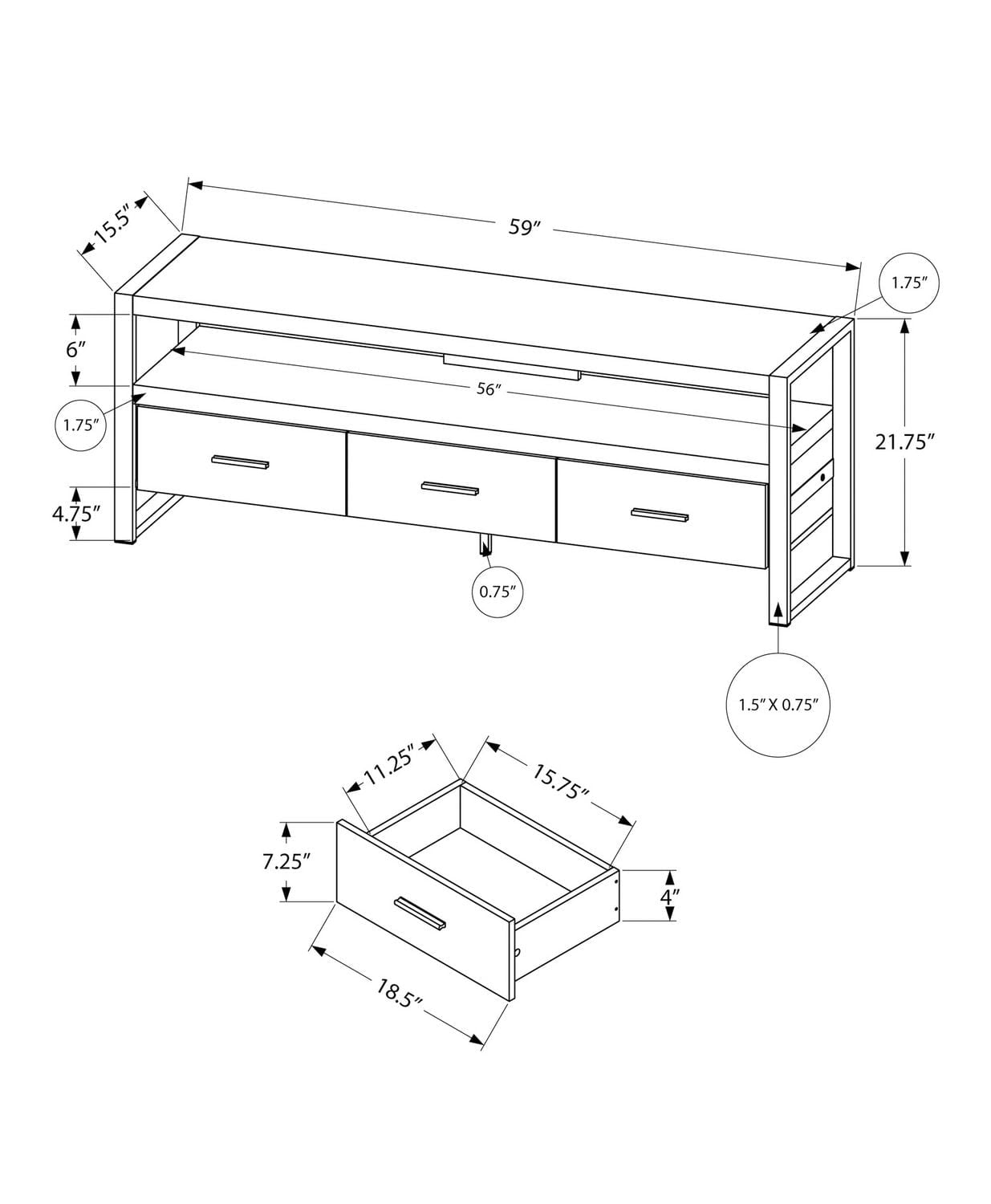 Monarch Specialties Tv Stand, 60 Inch, Console, Media Entertainment Center, Storage Drawers, Living Room, Bedroom, Metal, Laminate, Brown, Black, Contemporary, Modern