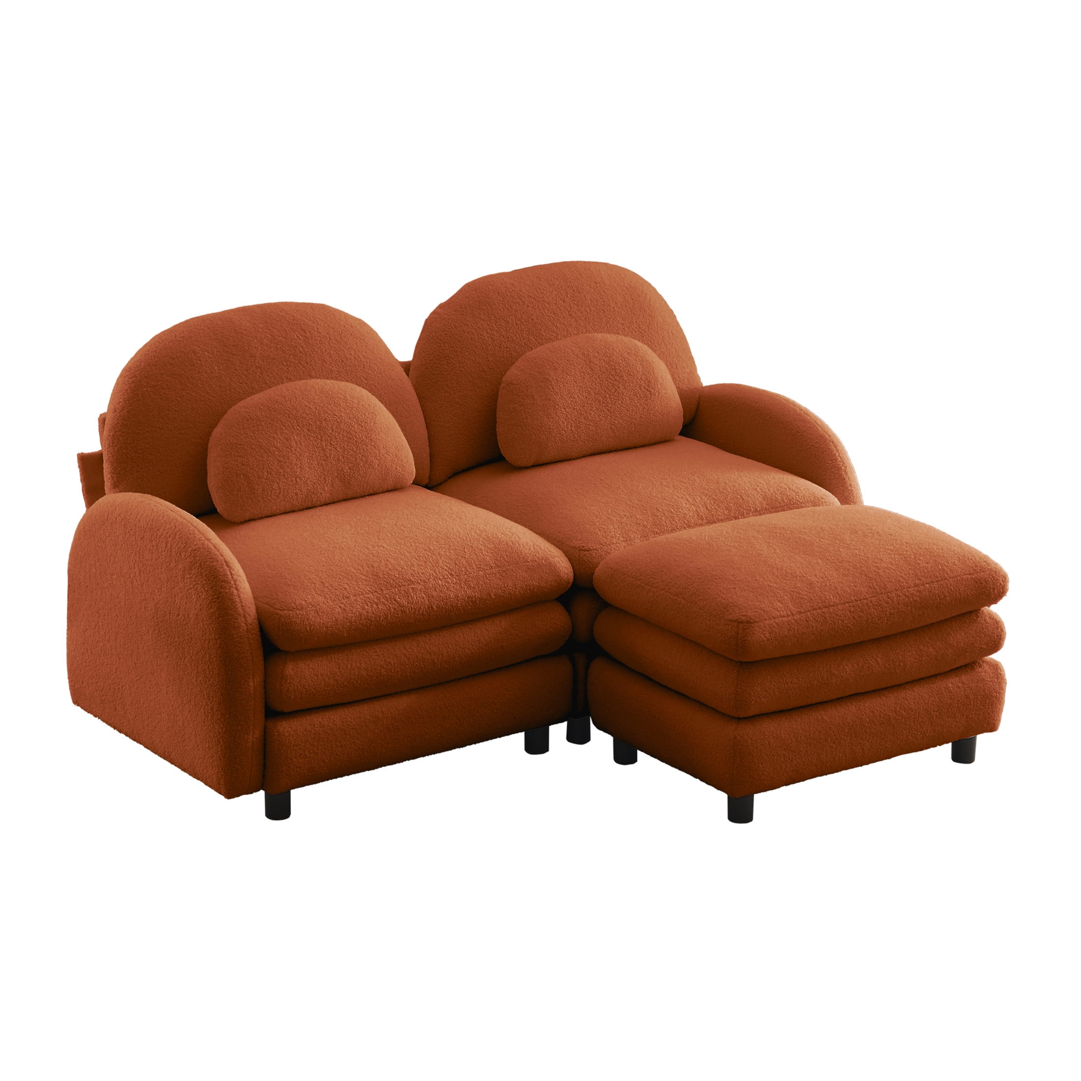 Noble House Windsor Teddy Fabric 2-Seater Sectional Sofa, Modular Cloud Couch with Ottoman and Lumbar Pillows, Orange