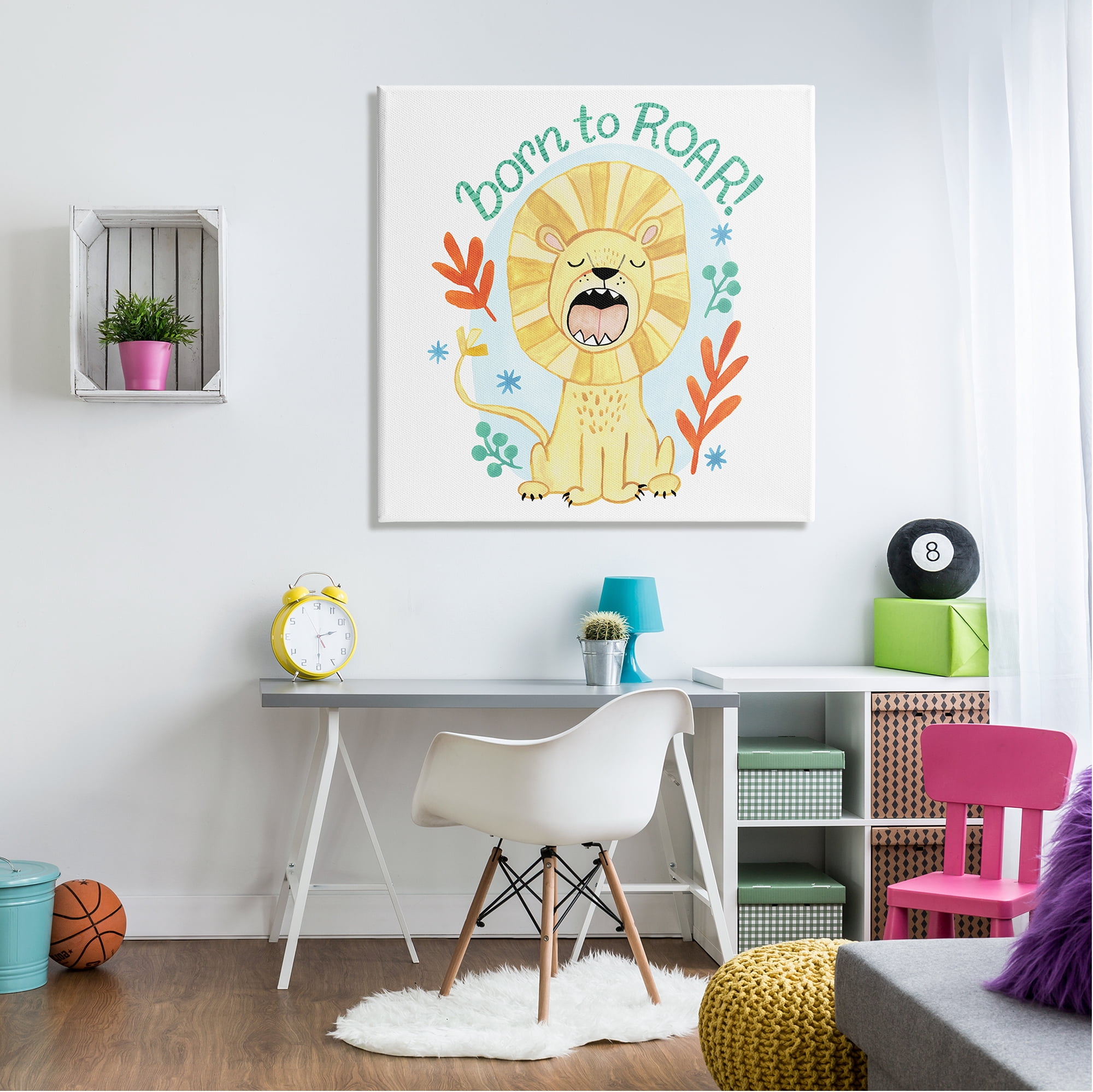 Stupell Industries Born To Roar Saying Yellow Lion Simple Botanicals Kids Painting Gallery-Wrapped Canvas Print Wall Art, 36 x 36, Design by Heather Strianese