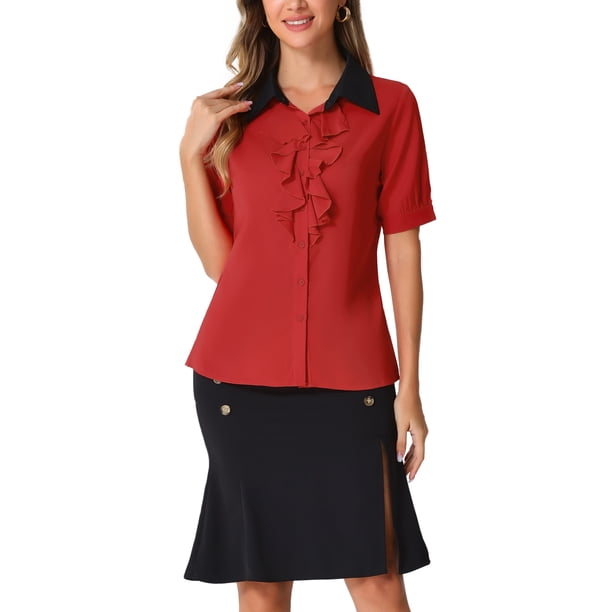 CAMISA DE TRABAJO DE MUJER CON CUELLO EN CONTRASTE Y VOLANTES EN LA PARTE DELANTERA, BOTONES Y MANGAS CORTAS XL ROJA