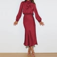 thumbnail image 3 of IDOPIP Women's Elegant Long Sleeve Satin Dress Mock Neck Elastic Waist Cocktail Party Maxi Dress, 3 of 7