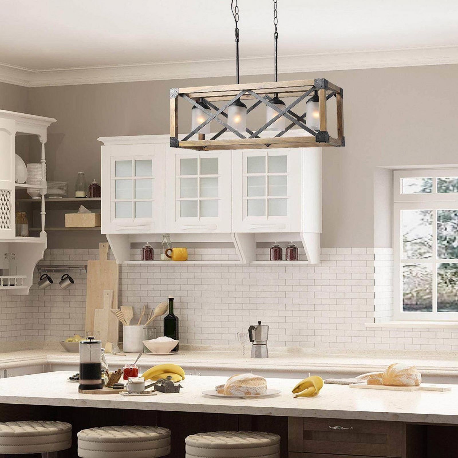 LNC Farmhouse 4-Light Rectangle Chandelier with Wood Frame and Frosted Glasss, 27.5" Wide