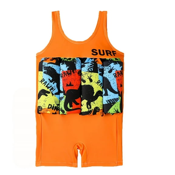 LIIPEE Boys Girls Swimwear Cartoon Animal Printed Sleeveless Round Neck Romper Buoyancy Life Jacket Handsome Vacation Bathing Suit,Orange,9-12 Months