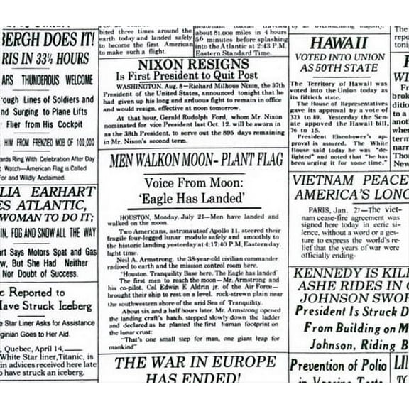 Cotton Headliner Headline Newspaper Newsprint Historic Historical Events Cotton Fabric Print by the Yard (BTR3972-White)