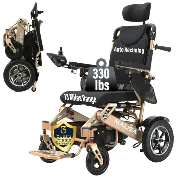 Electric Wheelchair, Foldable Lightweight All Terrain Power Wheelchairs for Adults, Auto Reclining Backrest, Motorized Wheel Chair, Lightweight All Terrain (Bronze Frame)