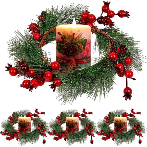 Christmas Candle Rings Wreath - 4.3" 2/4 PCS, Christmas Table Centerpieces, Red Artificial Berry Candle Rings, Candle Holder Table Decorations, Small Pine Garlands for Home Holiday Wedding Decor