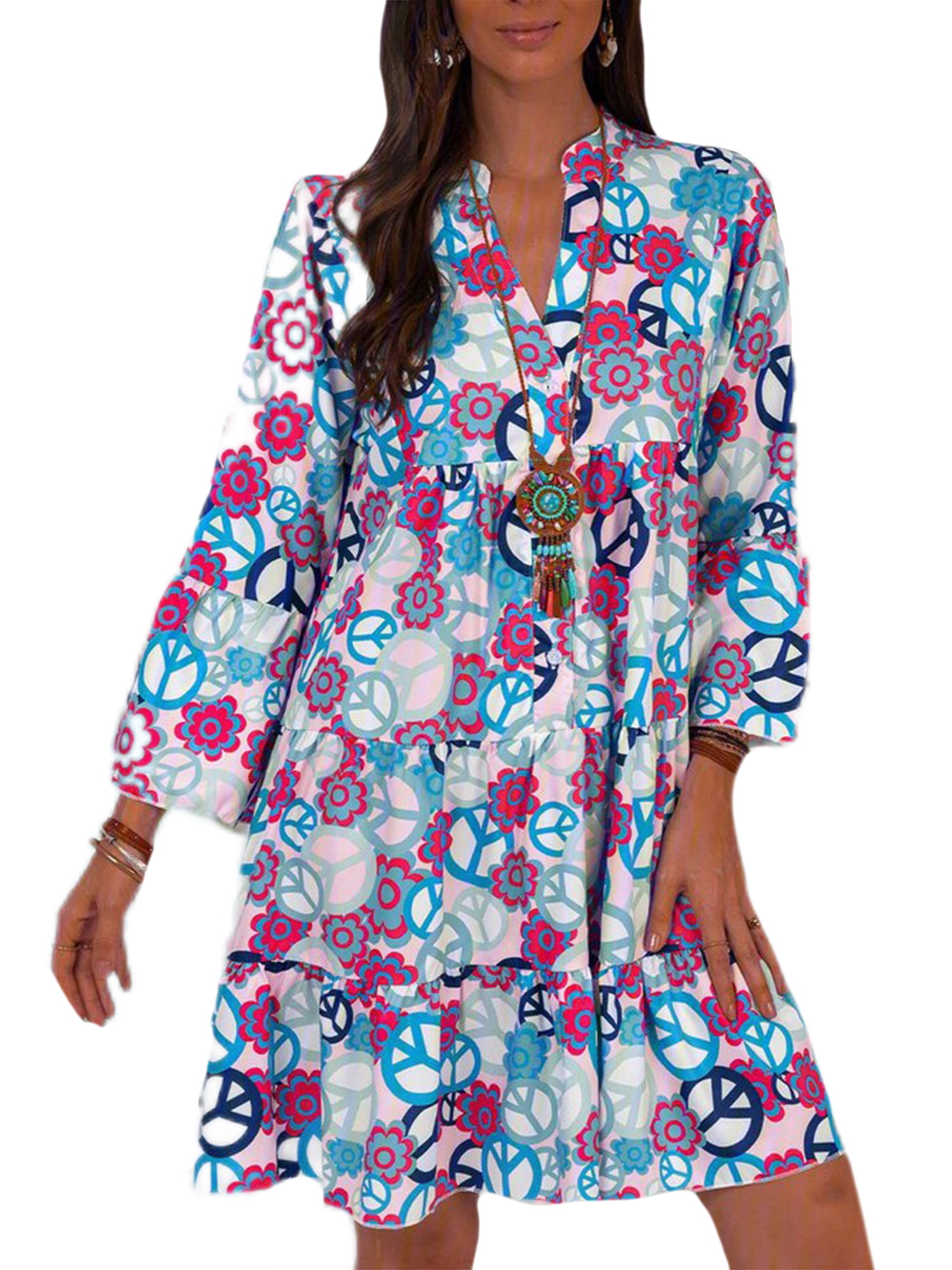 Haite Ladies Swing Flowy T Shirt Dress Pleated V Neck Sundress Holiday