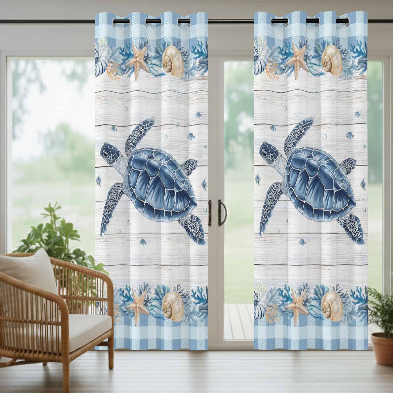 Blue Turtle Coastal Outdoor Curtains for Patio, Summer Starfish Beach Shell Coral Wood Grain Sunshade Privacy Drapes Grommet Waterproof Outside Curtains for Porch/Cabana/Balcony 54"x 108", 1 Panel