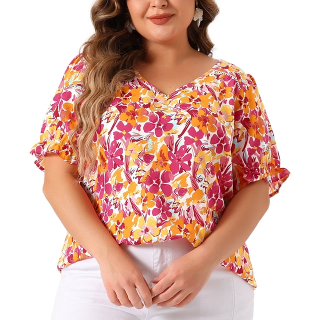 Blusas de Verano Casuales de Cuello en V con Volantes para Mujeres de Tallas Grandes Agnes Orinda para el Día de la Madre 3X Rosa