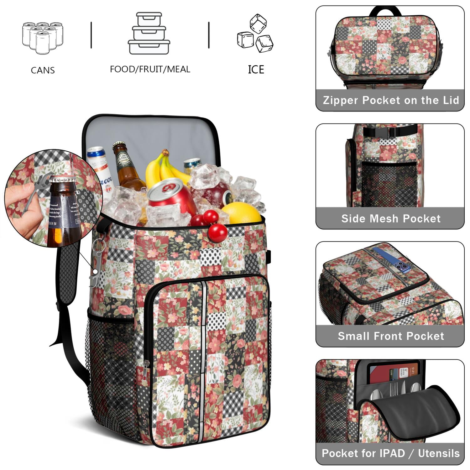 Travel Cooler Bag - Pioneer Flower Camping Beer Cooler Backpack with Bottle Opener- Waterproof Insulated Picnic Backpacks - Cooler Bag for Beach