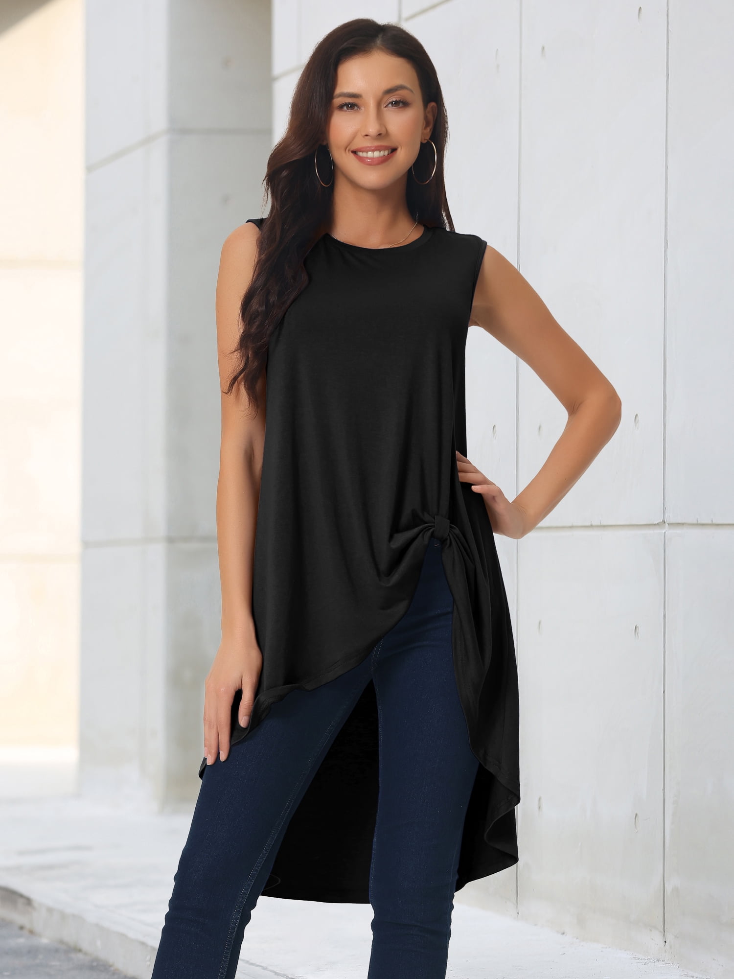 DARING DIVA Women's High Low Hem Crew Neck Sleeveless Tunic Top Black L