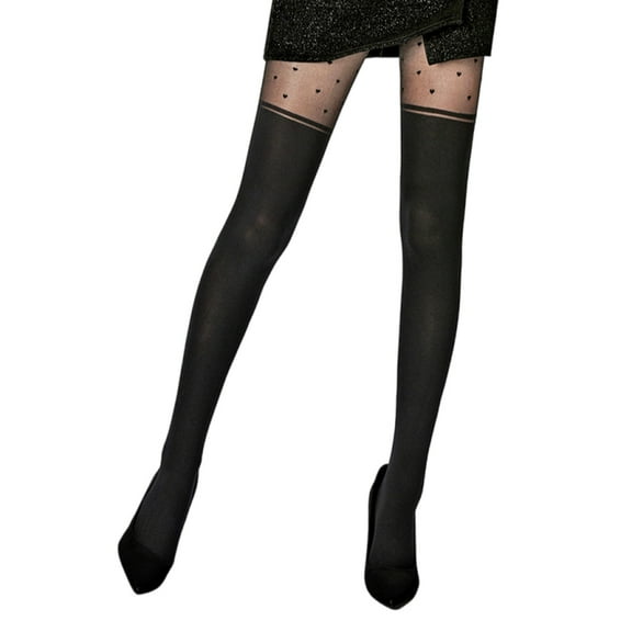 Black Faux Thigh High Opaque Tights Romantics Heart Patterned Mock Over Knee Stockings Faux Sheer Pantyhose for Women