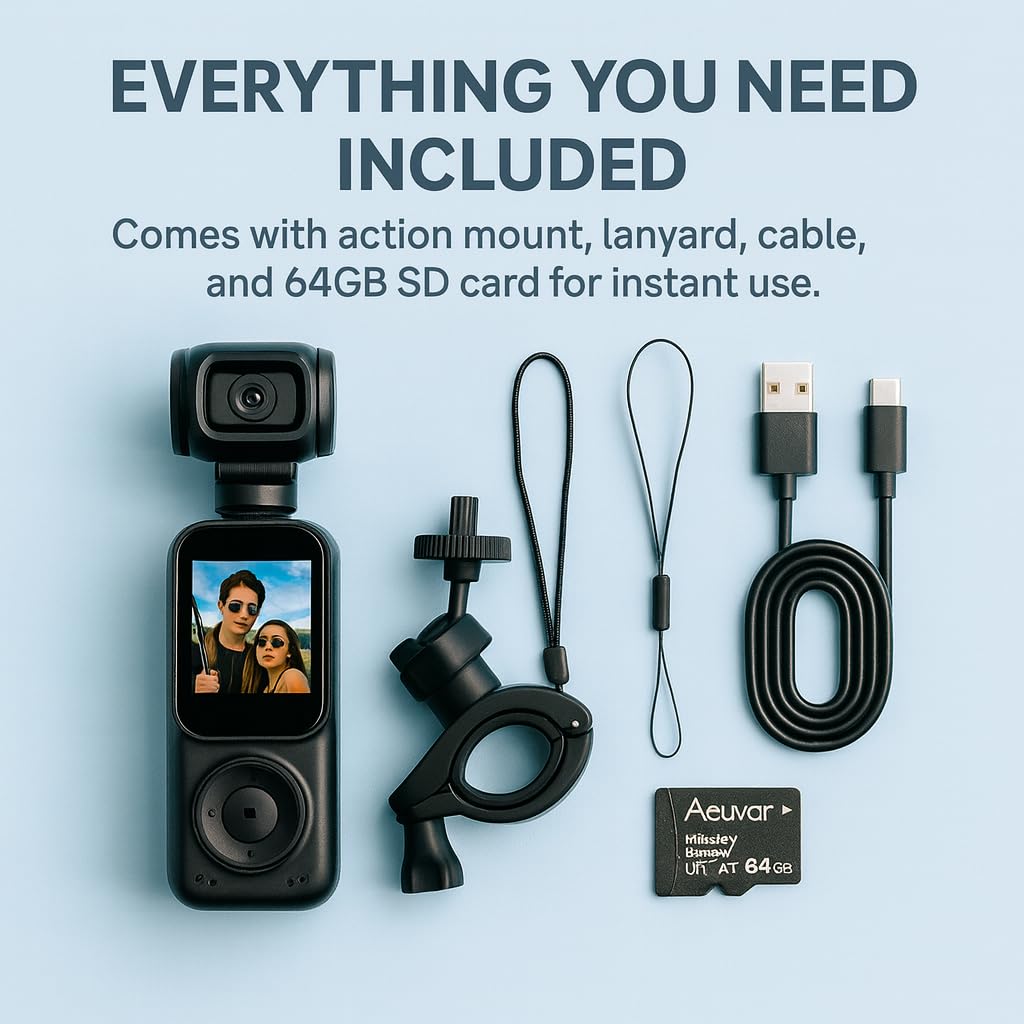 Acuvar 4K Dual Camera Pocket Camera With 3 Axis Gimbal Stabilizer, Vlogging Camera With WiFi, Face Tracking, 270° Rotation And 64GB Card