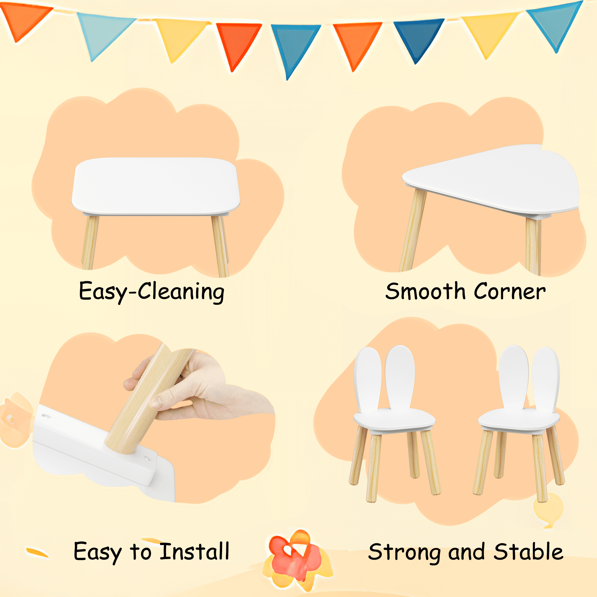 Yoneston Kids Table and 2 Chairs Set with Rabbit theme,Children Wooden Activity Play Table Set for Kid's Room, Living Room, Play Room,White