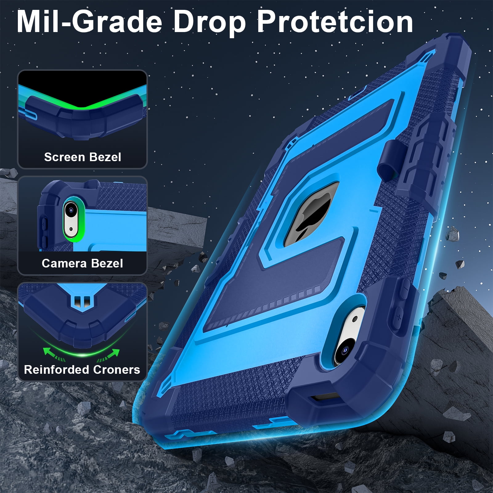 Allytechgroup Rugged Case for Apple iPad 9th 8th 7th Generation 10.2 inch 2021/2020/2019, Heavy Duty Protective Tablet Case with Kickstand, Pencil Holder & Detachable Shoulder Strap, Navyblue