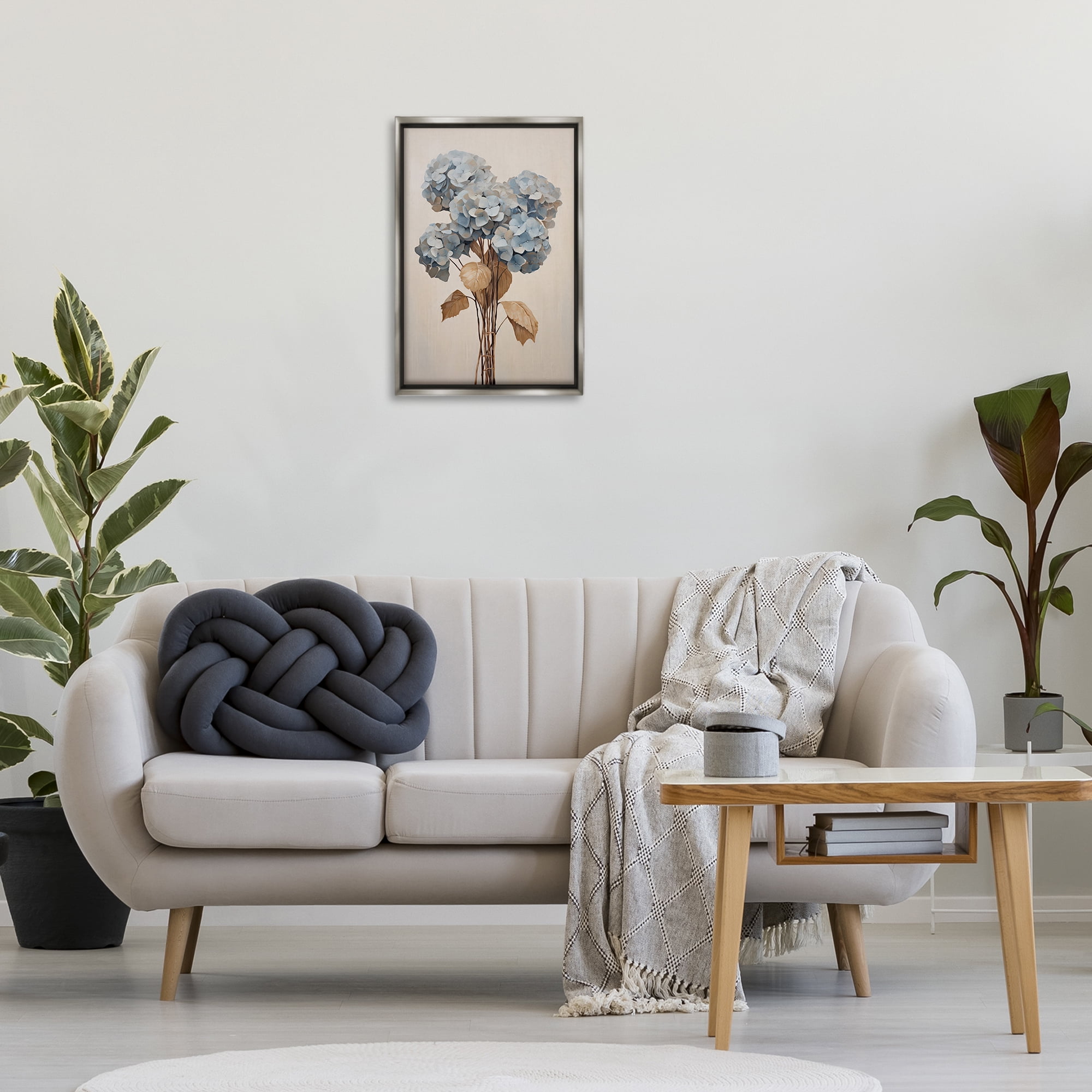 Stupell Industries Vintage Blue Hydrangea Plants & Flowers Painting Gray Floater Framed Canvas Art Print Wall Art, 17 x 25