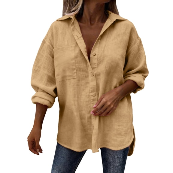 Women's Linen Shirts Solid Color Stand Collar Button Up Loose Casual Long Sleeve Shirt Long Sleeve Shirts for Women