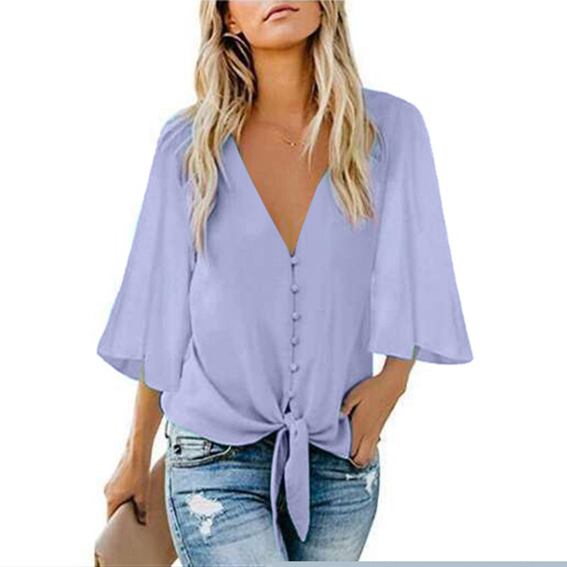 Women's V Neck Tops Ruffle 3/4 Sleeve Tie Knot Blouses Button Down Shirts - PURPLE