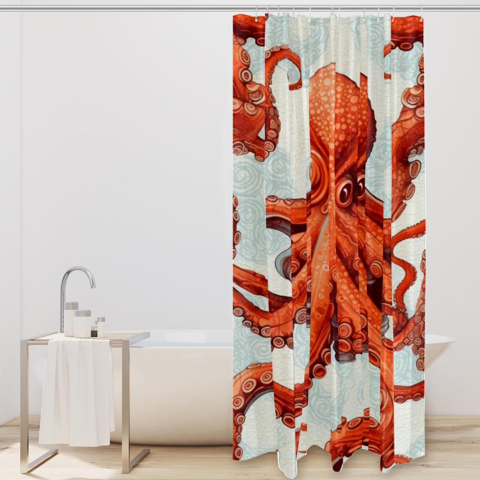 Octopus Waterproof Printed Shower Curtain Set With Hooks For Bathroom 